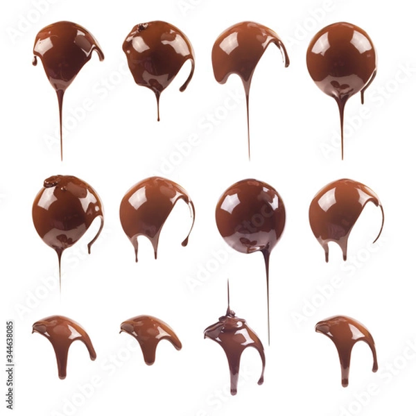 Obraz Liquid chocolate on the shape of a ball. Sweet dark chocolate drips. Melted chocolate coating. Ganache, icing, frosting, sauce. Chocolate set isolated on a white background.