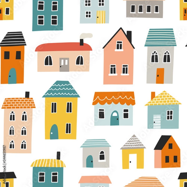 Fototapeta Seamless pattern with cute houses. Hand drawn vector illustration for nursery textile or wallpaper design