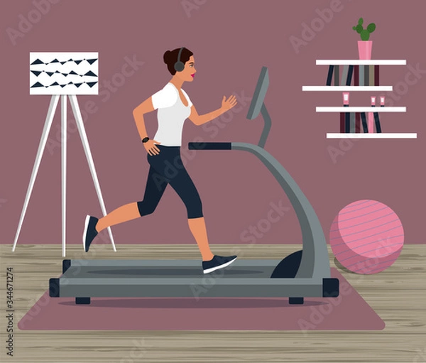 Obraz Profile of a young woman running on a treadmill at home