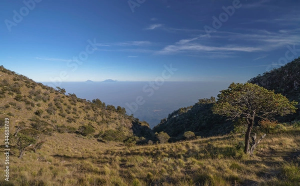 Obraz Distant views to many other volcanoes seen through ravine on Lawu volcano summit in early morning in Java, Indonesia