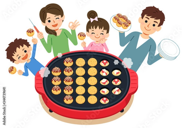 Obraz 家族で料理　ホットプレートでたこ焼きを焼く
