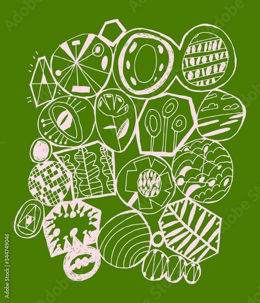 Fototapeta Geometric patchwork with hand drawn plants. Color vector illustration. Can be used in social networks, for articles, publications, cards, print, poster, sticker, on a t-shirt.
