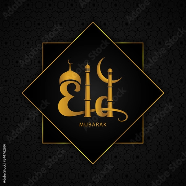 Fototapeta Eid Mubarak Golden English Calligraphy Text with Moon, Masjid Dome and 3D look on Black Background with Arabic Pattern