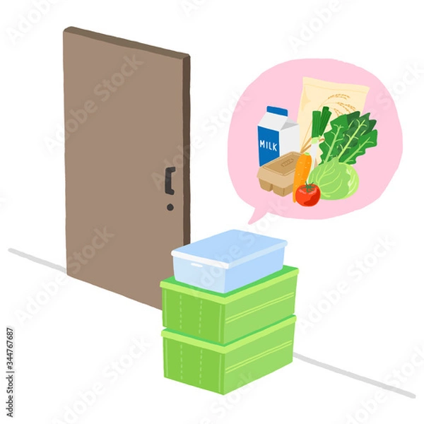 Fototapeta 食材の宅配　置き配　玄関前に置かれた保冷ボックス　食材の吹き出し