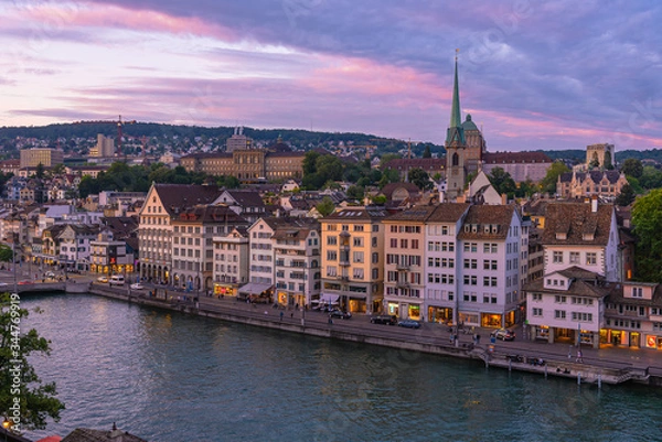 Fototapeta Dramatic view of Zurich at sunset in Switzerland.