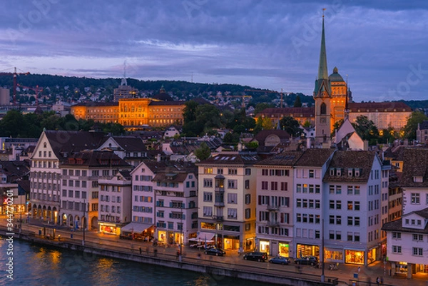 Fototapeta Dramatic view of Zurich at sunset in Switzerland.