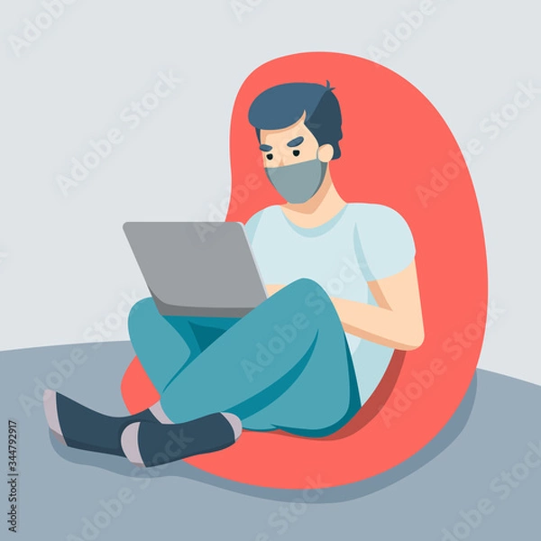Fototapeta A young man works at a laptop from home in a bag chair. Working from home during the pandemic. Work in quarantine. Happy guy at the laptop. Vector flat illustration.