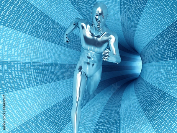 Obraz Bionic man running in the binary data tunnel.