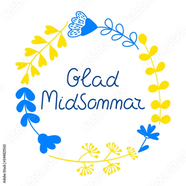 Fototapeta The inscription is in Swedish. happy holiday. A wreath with an Inscription and simple flowers. Vector illustration