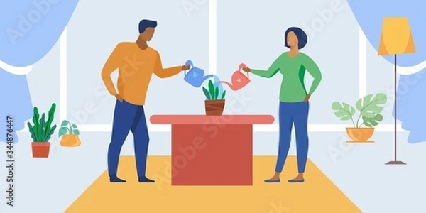 Fototapeta The family is engaged in household chores and watering flowers for self-isolation