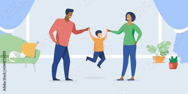 Fototapeta Happy family rejoices in buying a new home