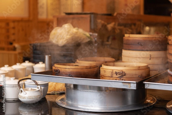 Fototapeta Xiaolongbao chinese steamed bun are cooked in Jiufen.