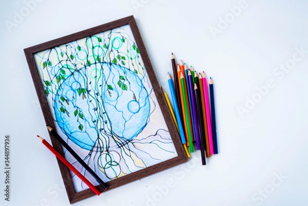 Fototapeta Abstract neurographic drawing with markers and colored pencils. Colorful neurography.