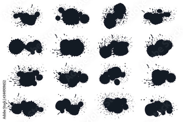 Fototapeta Black ink splashes set manually traced. inked splatter dirt stain splatter spray splash with drops blots isolated. grunge dirty liquid vector illustration.