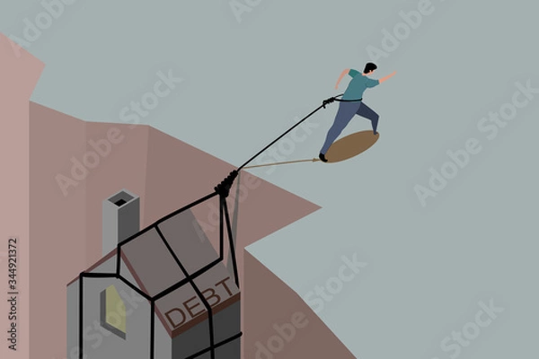 Obraz A man had a rope tied at the waist, the end of the rope tied to his house . He is walking forward to pull the home up from the abyss.