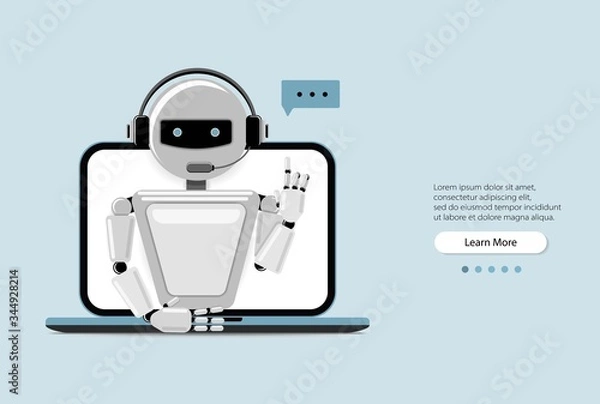 Obraz Chat Bot Using Laptop Computer, Robot Virtual Assistance Of Website Or Mobile Applications. Voice support service bot. Online support bot. Vector illustration.