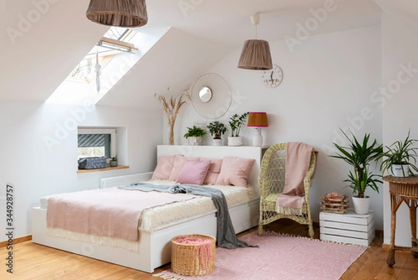 Fototapeta Bedroom with bed in cozy interior in white and pink color. Scandinavian style in room in the attic with double bed. 