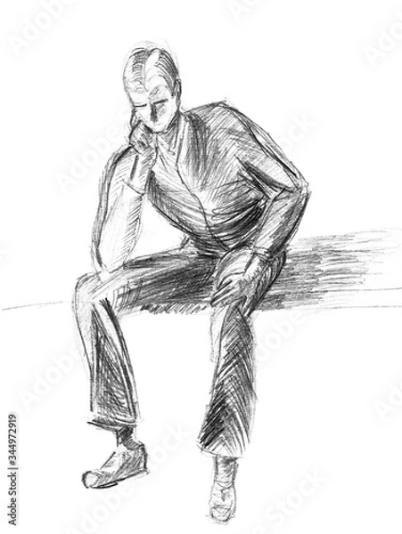 Fototapeta A rough sketch of a seated young guy thinking about something. Lead pencil on white paper. Isolated object.