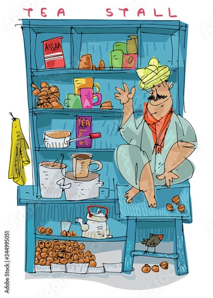 Obraz An Indian local tea vendor in his cute little street shop. Tea preparing and selling tea and spices. Cartoon, caricature, sketch.