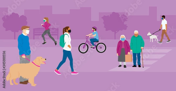 Fototapeta People wearing protective face masks, walking or doing activities outside during pandemic. Flat faceless vector illustration