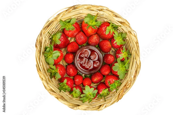 Fototapeta Isolated background fresh strawberry and strawberry jam in basket