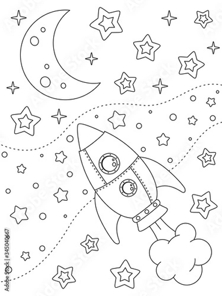 Obraz Coloring page with rocket, moon, nebulae and stars, black elements on a white background. Vector design template for kids coloring book, print and poster. Entertainment and recreation for children