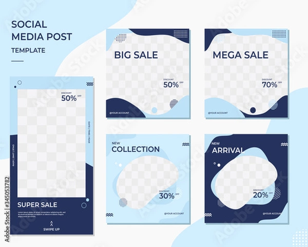 Fototapeta Set of minimalist mockup frame with memphis elements and waves design. for feed and story template social media post