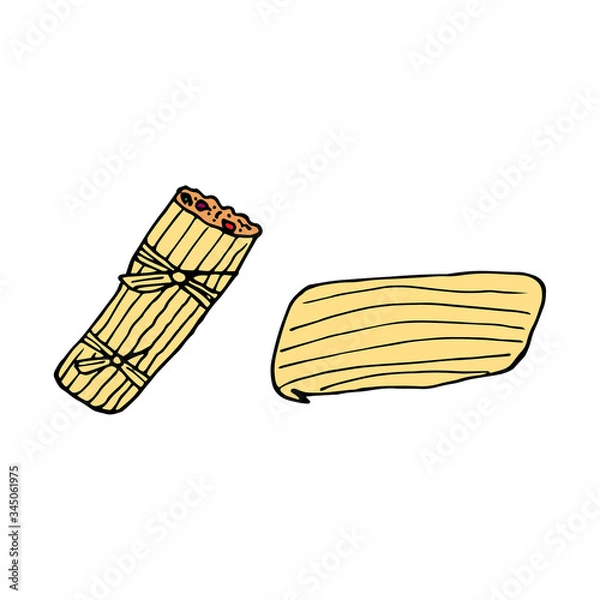 Fototapeta Tamale - mexican traditional food. Fast food. Hand drawn sketch doodle. Vector color illustration for menu, poster, web and package design. Isolated on white background.