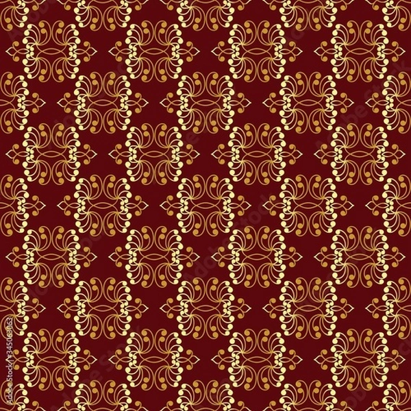 Fototapeta monochrome seamless gold pattern on a cherry background. maroon brocade.