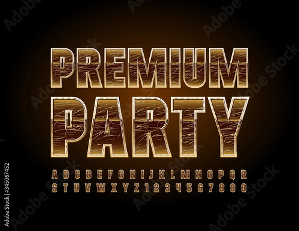 Fototapeta Vector stylish logo Premium Party. Unique Golden Font. Scratched luxury Alphabet Letters and Numbers