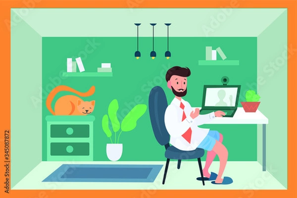 Fototapeta Vector illustration of man working from home by conference call 