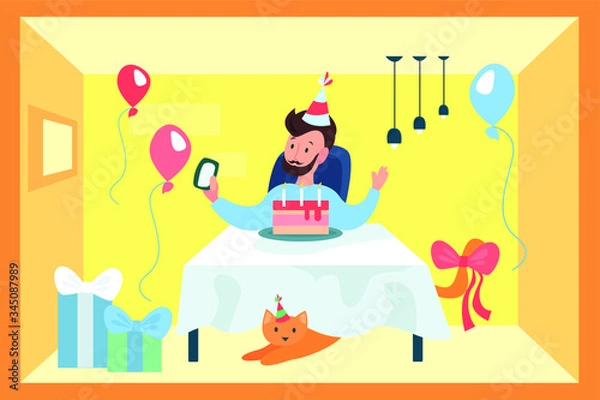 Fototapeta Vector illustration of a man celebrating his birthday alone with cat during quarantine 