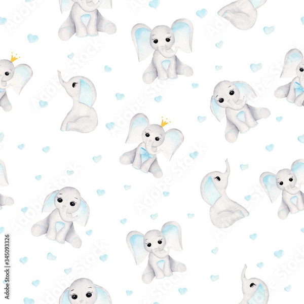 Fototapeta Baby elephant animal and blue hearts watercolor seamless pattern. Digital paper for fabric textile and nursery.