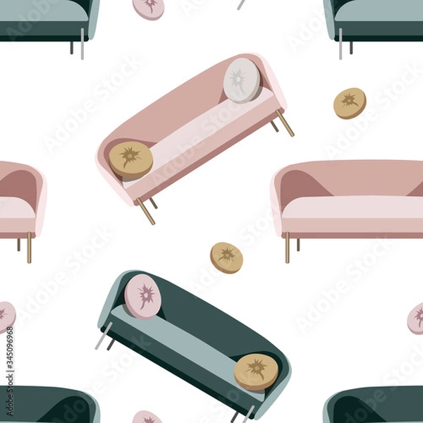 Fototapeta Seamless pattern of furniture  room interior elements. Cartoon stock vector pattern of classic home accessories - sofas, isolated on white background.
