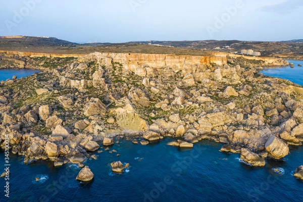 Obraz Aerial view of nature cliffs. Mediterranean sea, evening, sunset. Malta, winter