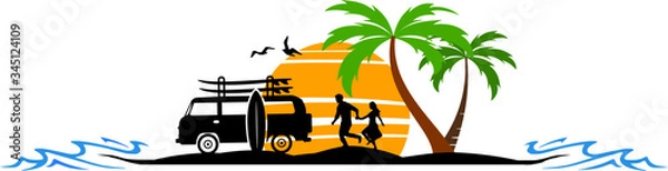 Fototapeta Palm Beach Van Surf Silhouette Vector