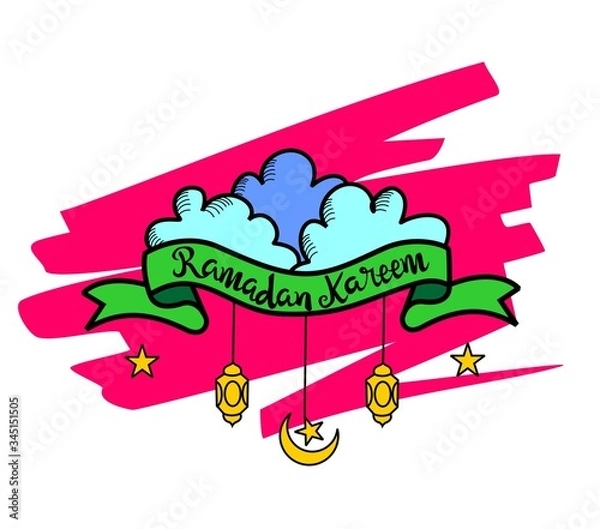 Obraz ramadan kareem hand drawn background with cloud and lantern greeting card