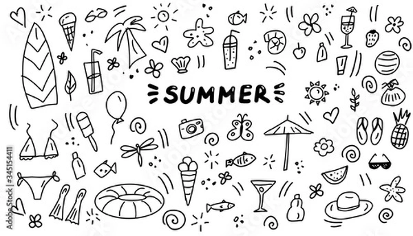 Fototapeta Summer doodles icon set. Hand drawn lines cartoon icons collection. Vector illustration.