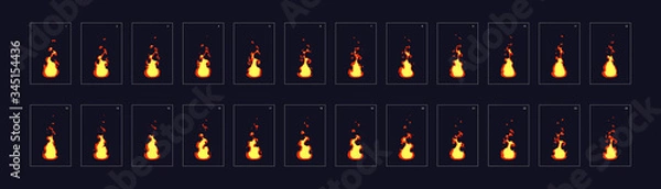 Fototapeta Fire animation sprites, torch, campfire, fire trap, fire pillar or something else . vector flame video frames for game design