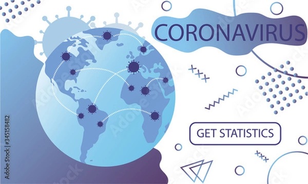 Fototapeta Coronavirus spread statistics, mortality and infection map with infection area and points template for news. COVID-19 spreading around planet banner for breaking news about corona. Vector illustration