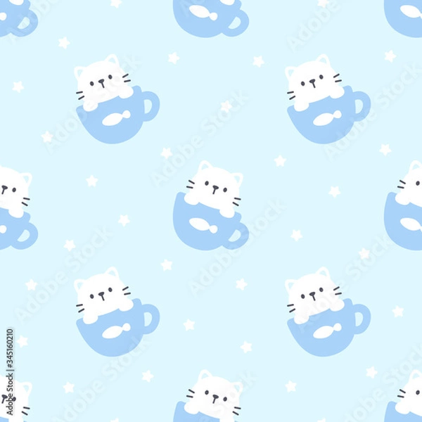 Fototapeta Cute cat in a cup of coffee seamless pattern background