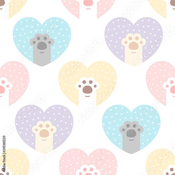 Fototapeta Cute cat paw footprint with heart seamless pattern background