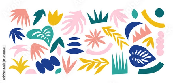 Fototapeta Set of hand drawn shapes and doodle design elements. Exotic jungle leaves, flowers and plants. Abstract contemporary modern trendy vector illustration. Perfect for posters, instagram posts, stickers.