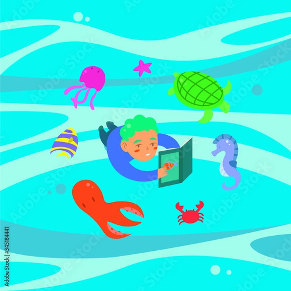 Obraz A little boy reads a fairy tale about sea creatures and imagines them around him. Vector illustration in cartoon style.