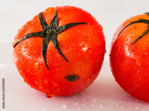 Fototapeta Fresh organic tomatoes with dew drops isolated on white background