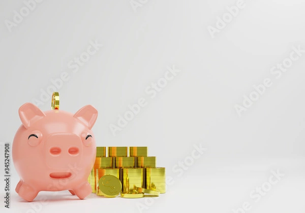 Fototapeta 3D Render Cute Smile Piggy Bank with gold coins and silver coins,Business investment design concept with piggy bank,Save you money in Cute piggy bank with copy space