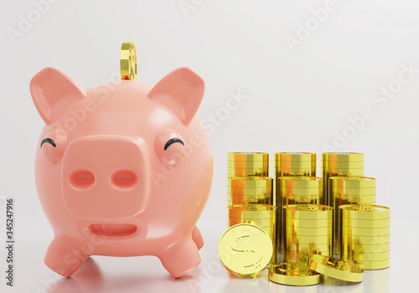Fototapeta 3D Render Cute Smile Piggy Bank with gold coins and silver coins,Business investment design concept with piggy bank,Save you money in Cute piggy bank
