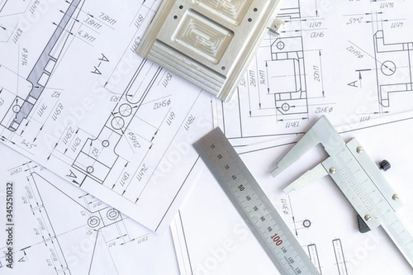Fototapeta Top view of a caliper measuring tool, ruler and detail drawings.Engineering drawings, metal detail.