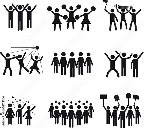 Fototapeta Crowd vector icon set design, illustrations of various groups of people - Vector icon set of groups of people in a club, sports match, cheerleaders, protest, strike, celebrations, concert and other