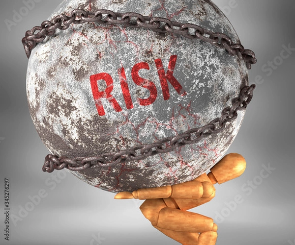 Fototapeta Risk and hardship in life - pictured by word Risk as a heavy weight on shoulders to symbolize Risk as a burden, 3d illustration